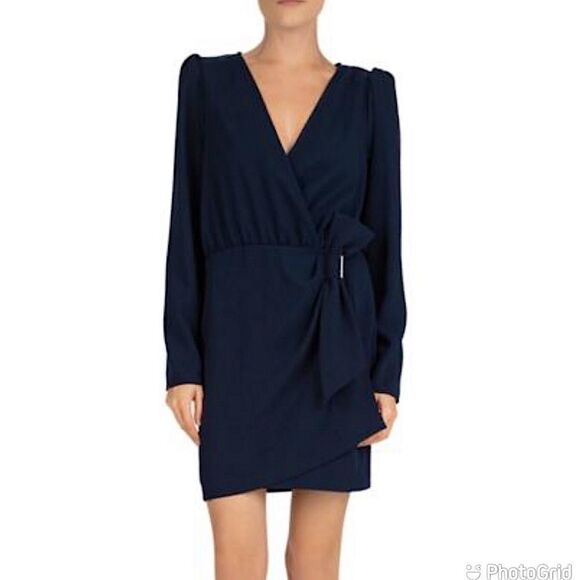 NEW The Kooples Daisy Bow Detail Crepe Navy Long Sleeve Mini Dress - Picture 1 of 12